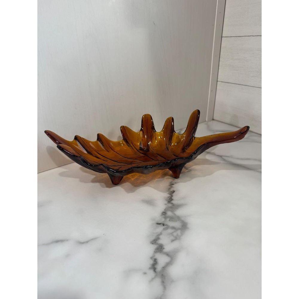 MCM Free‎ Form Leaf Shaped Dark Amber Art Glass Candy Dish Bowl Handblown Glass